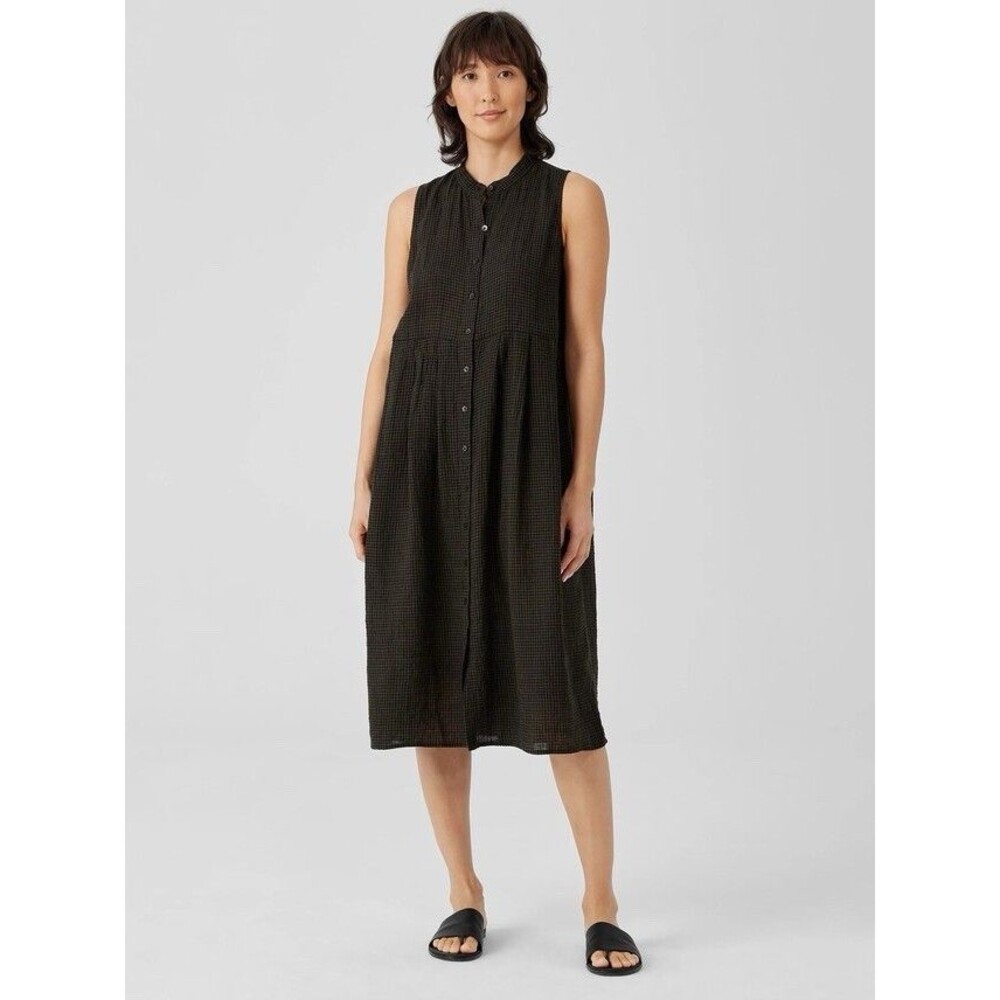 Eileen Fisher Dress Womens Petite Small Gingham Linen Button Down Sleeveless